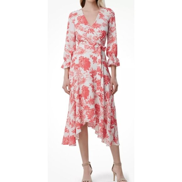 Tahari Arthur S. Levine Dresses & Skirts - Tahari Arthur S. Levine Red & White Floral Wrap Dress Size 6 Long Sleeve.